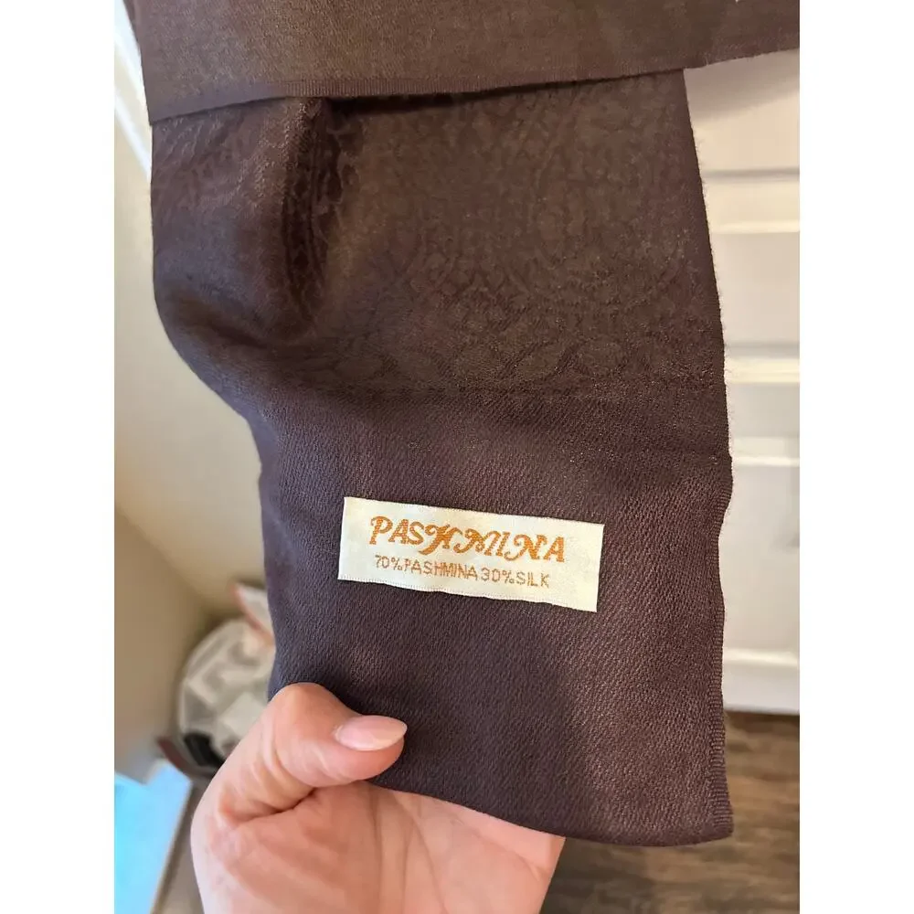Pashmina Silk Blend Brown Wrap Scarf Vintage